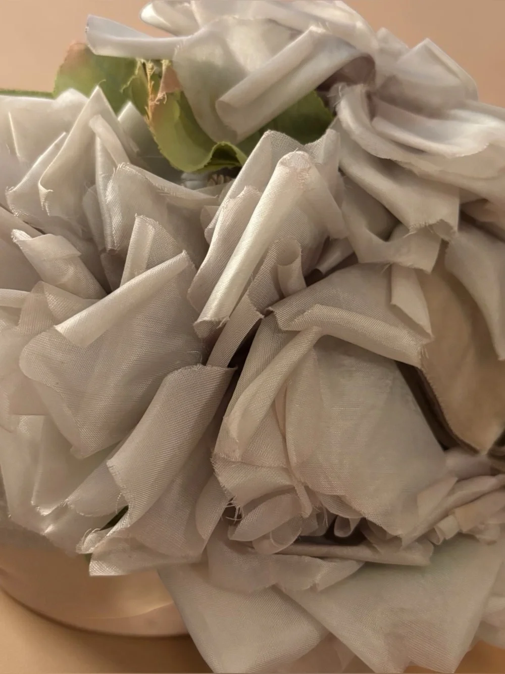 Vintage Cream Straw Pillbox Hat with Gray Fabric Roses and Leaves